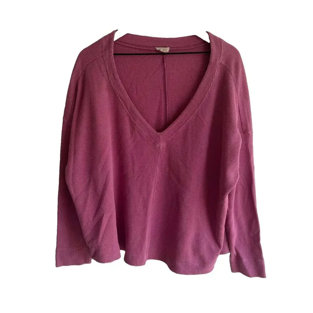 Pilcro Anthropologie Waffle Knit V Neck Thermal Top Plus 1X Mauve Pink Oversized